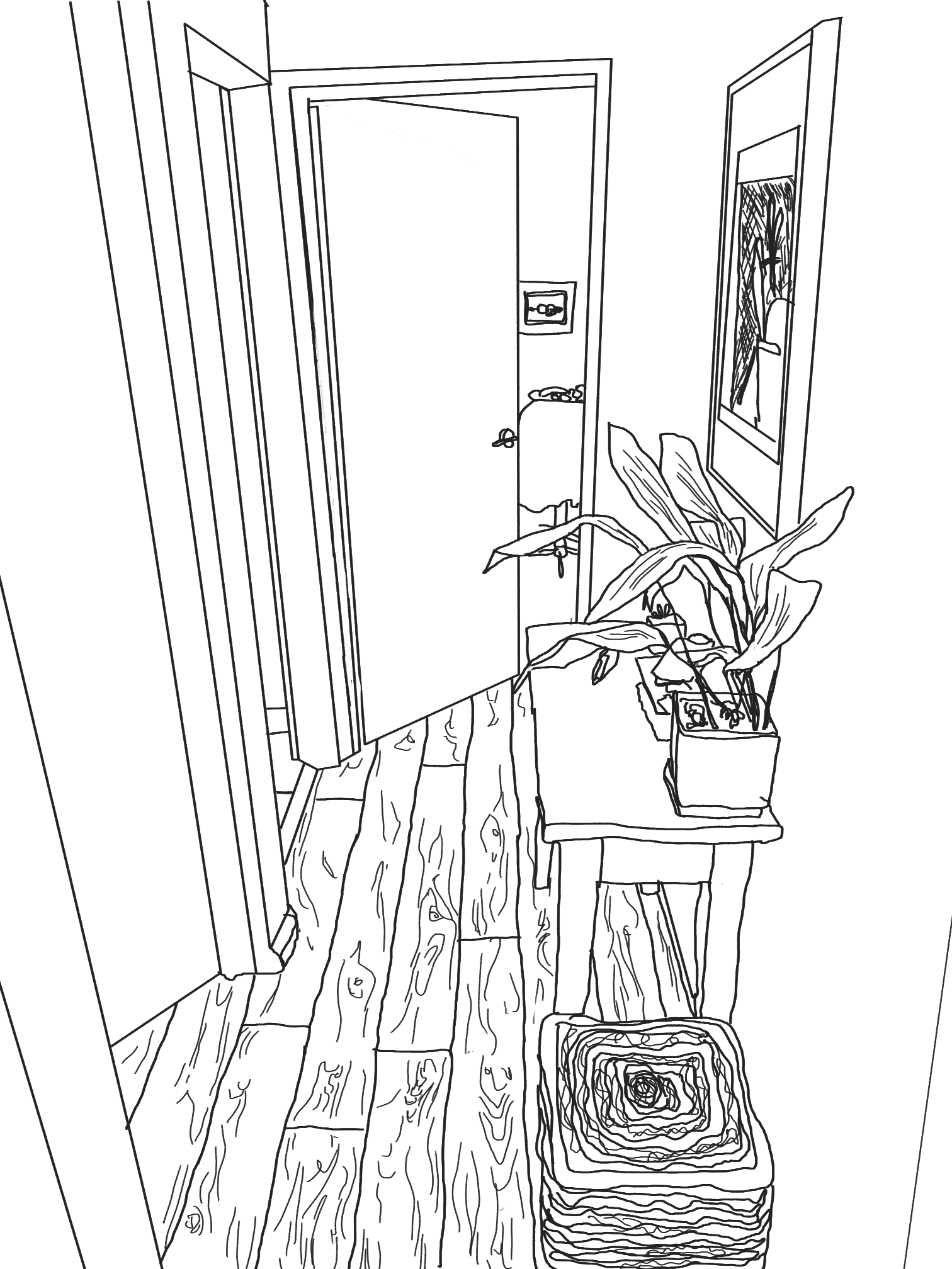 a line drawing of a hallway facing into the house